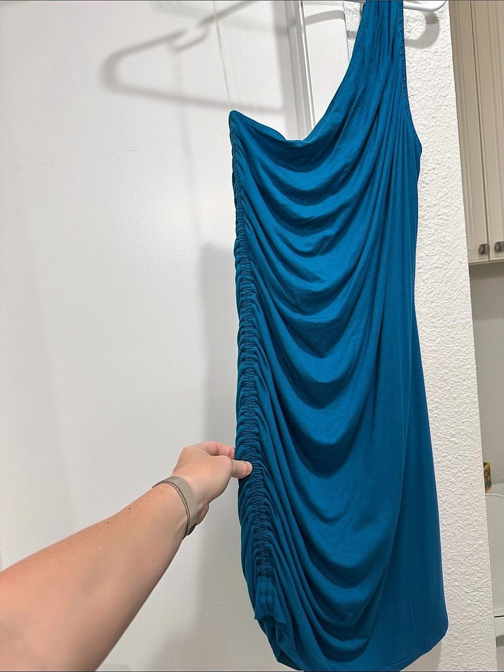 Women’s Draped one shoulder mini Dress in turquoise Blue Size Medium NWT